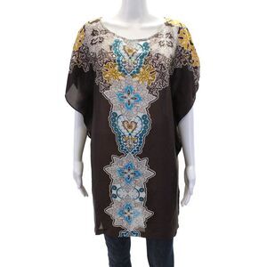 Oltre Womens Geometric Print Sleeveless Round Neck Blouse Top Brown Size 12